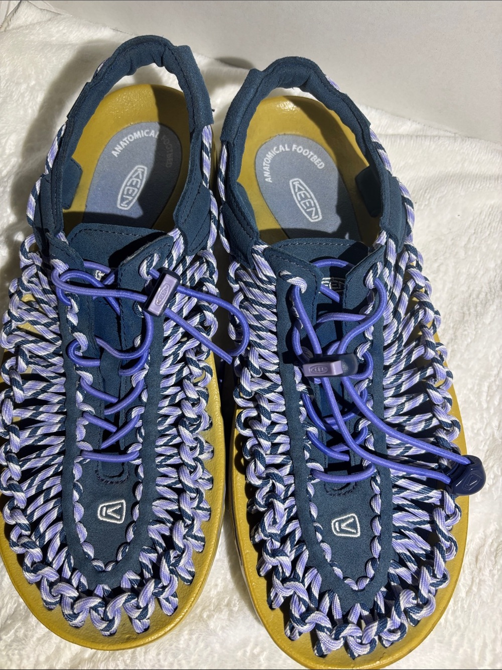 Keen Uneek Rope Sandals Navy with Lavender and Yellow